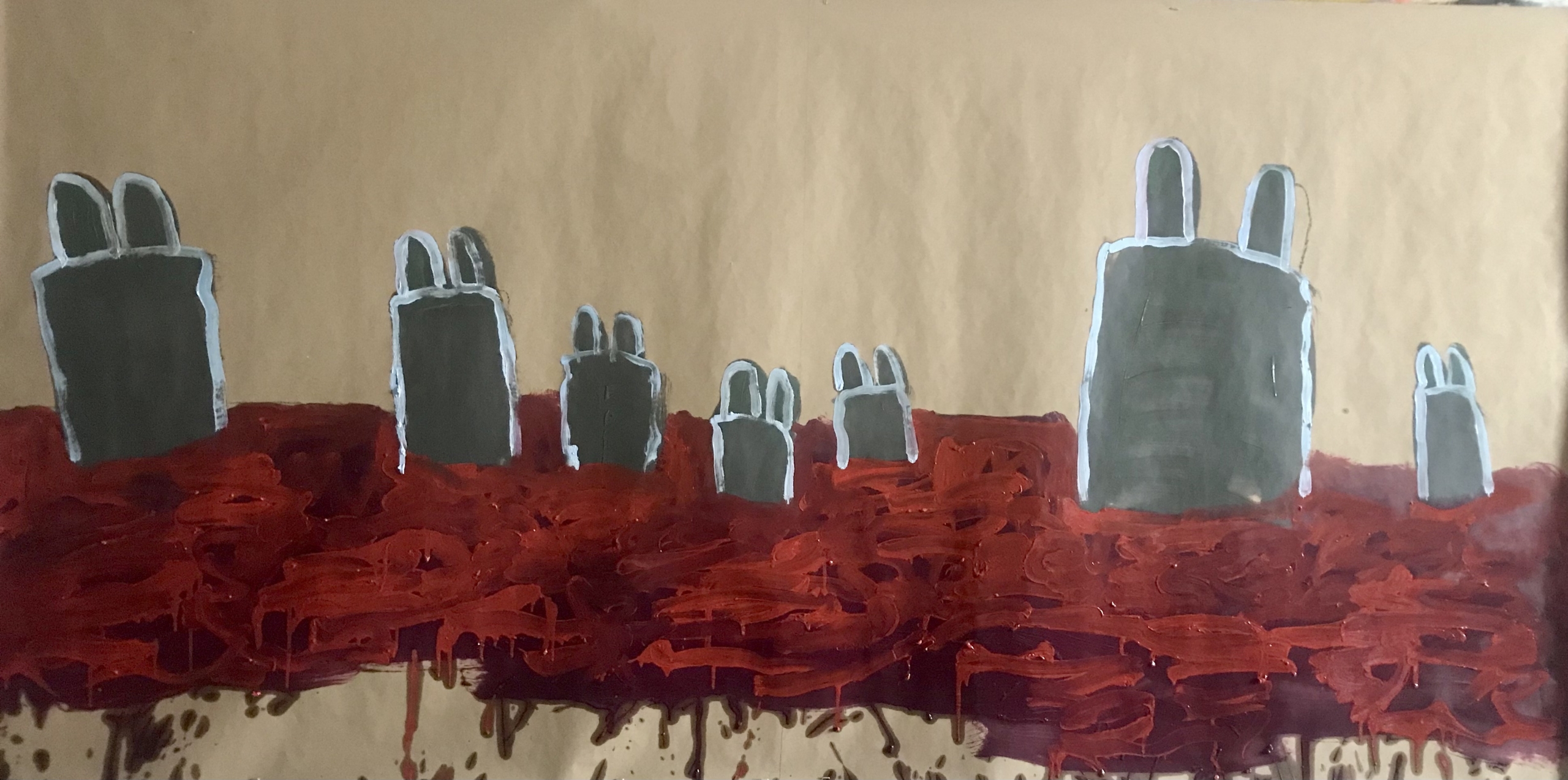 Immondation. Huile et fusain sur papier Kraft recyclé ( 200 x 100 cm ).